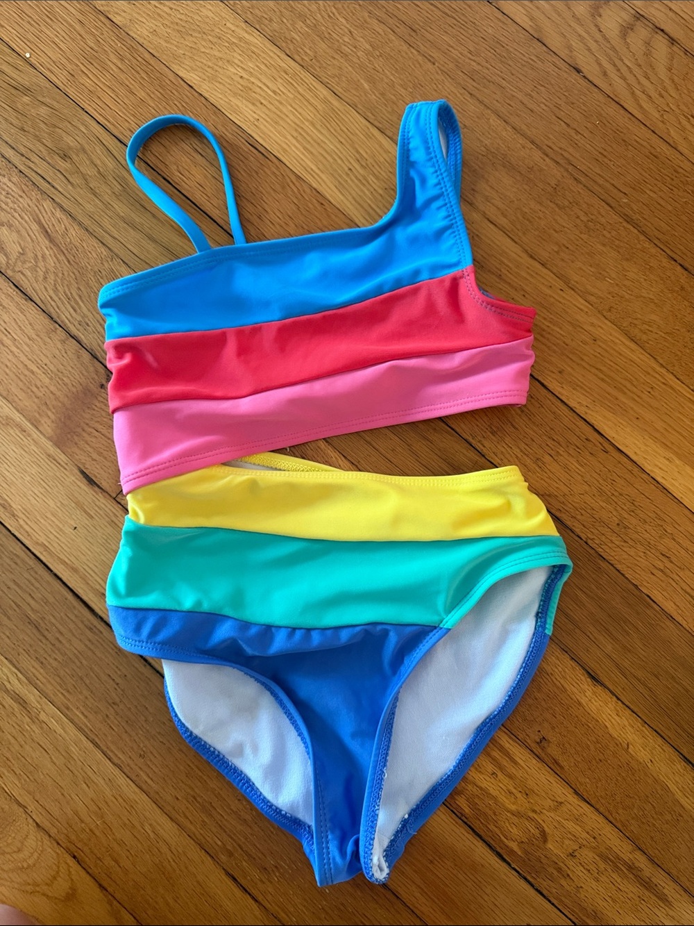 Adorable Girls' Rainbow Colorblock Two-Piece Swim Set - Blue, Pink, Yellow